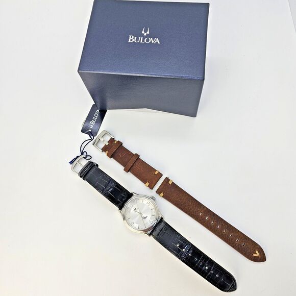 Men's Watch BULOVA Wristwatch 38MM Gray Dial Black Brown Leather Band Straps - Picture 1 of 14